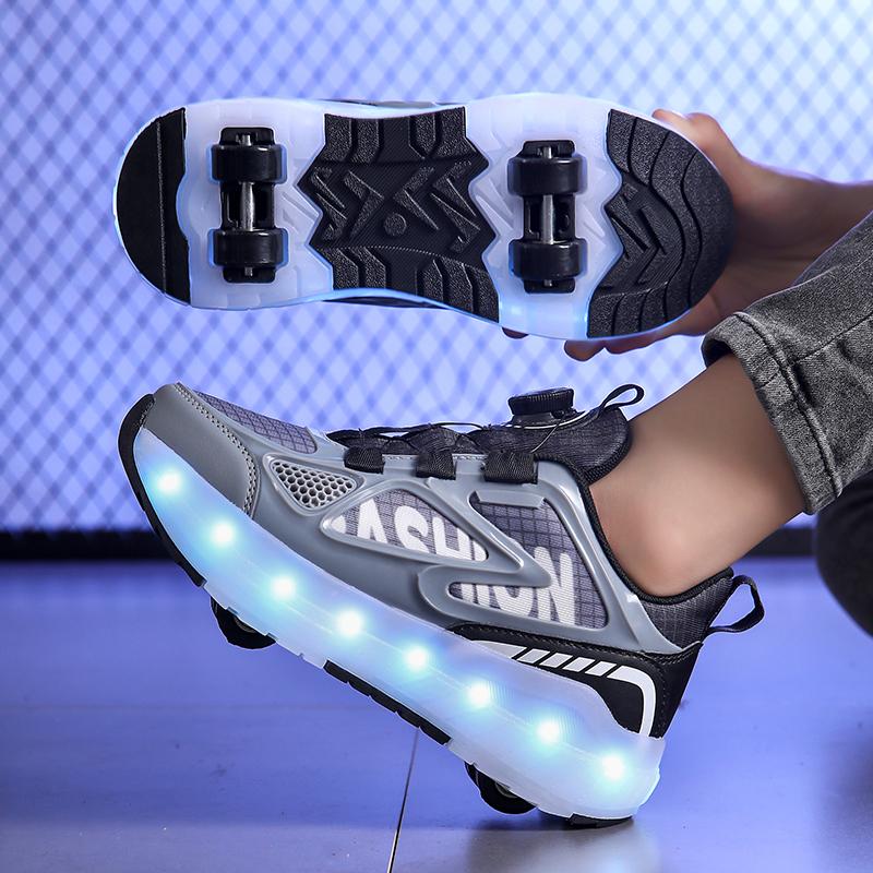 29-40 Мальчики Четырехколесные Кроссовки Съемные Туфли на Плоской Подошве Перезаряжаемые USB Светящиеся Спортивные Легкие Туфли Девочки Роликовые Коньки Обувь для Мальчиков