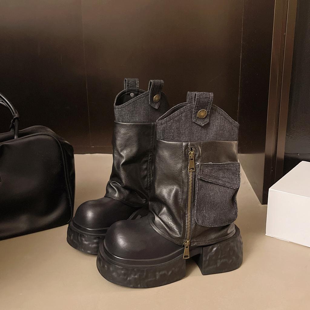 Small Thick-soled Heightening Medium Tube Black Locomotive Trousers Women's 2025 New Trendy Cool Martin Boots