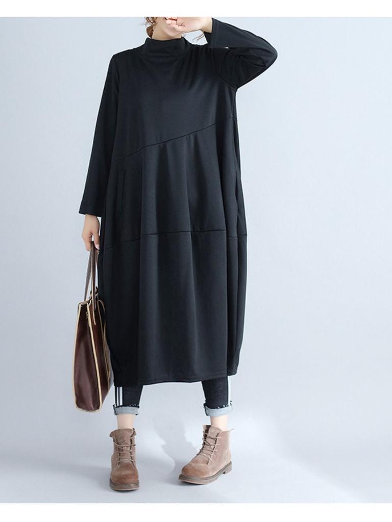 Retro Solid Color Lantern Skirt, High Neck Style Long Dress, Cotton and Linen Sewn Long Sleeve Dress