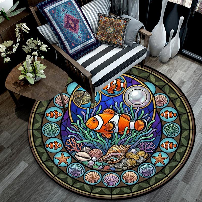 Ocean Life Glass Round Area Rug Under Office Chairs Bedroom Living Room Home Decor