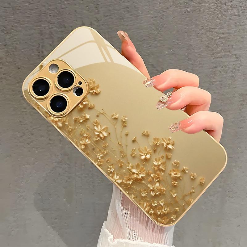Элегантный Золотой Цветок Золотая Металлическая Краска Стеклянный Чехол Для Телефона Для iPhone 17 16 15 14 13 12 11 Pro Max 15 14 Plus 17 Air 16E Чехол