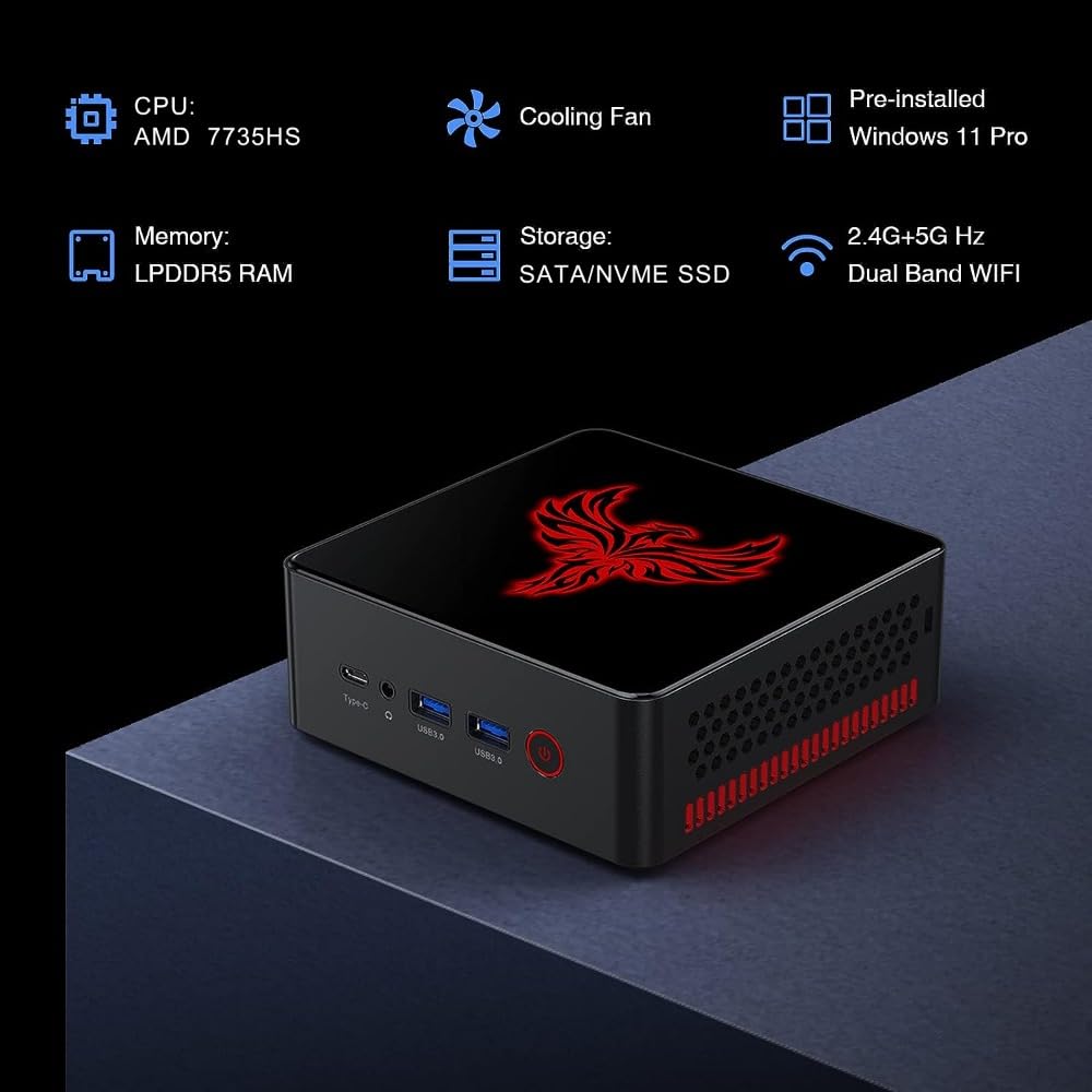 GZBOX Mini PC Маленький ПК Windows 11 Pro, оснащенный AMD Ryzen 7 7735HS Маленький ПК 8 ГБ DDR5 500 ГБ NVME дюймовый SATA HDD Игровая консоль Мини-компьютер 4K 3