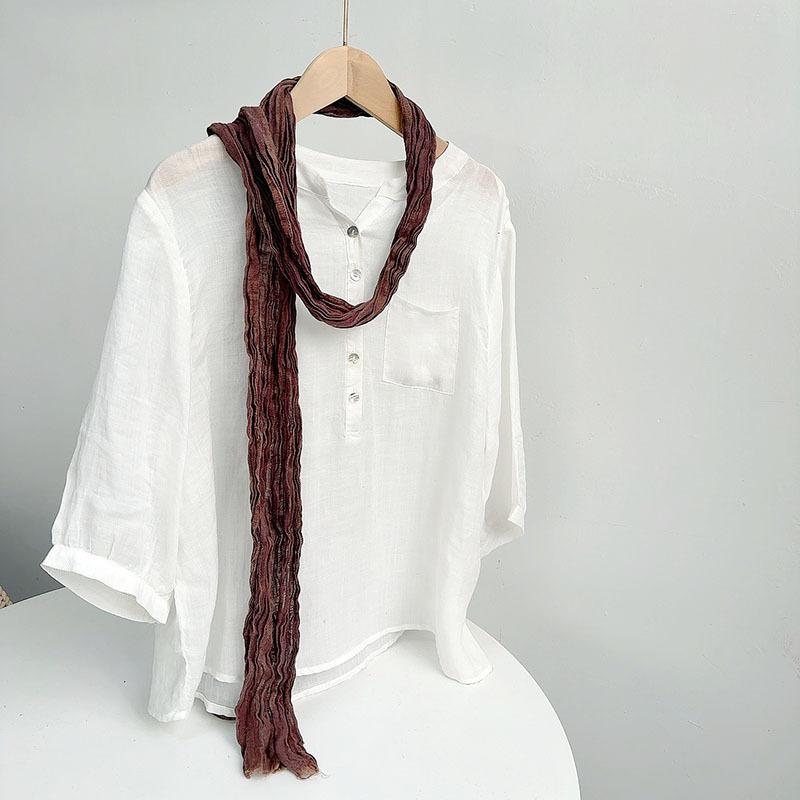 Retro Pleated Ramie Scarf Slender And Narrow Long Silk Scarf Japanese Mori Women Versatile Extended Neck Protector Scarf Shawl