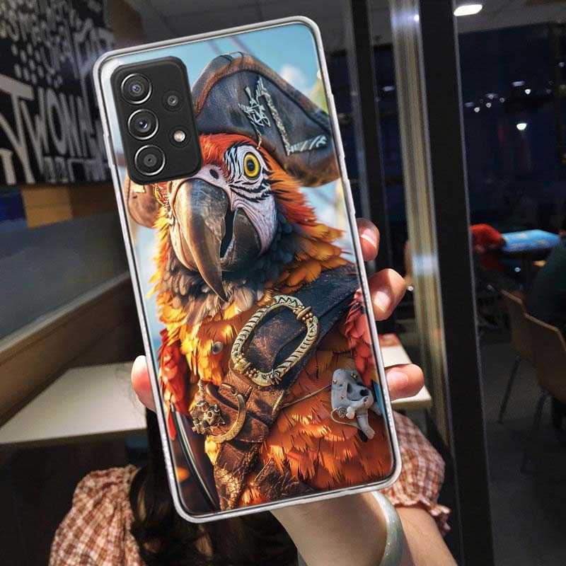Macaw Pirate Phone Case for Samsung A54 A57 A37 A17 A14 A15 A12 A24 A34 A55 A35 A25 A52S A07 A05S A04S A22 A32 A72 Galaxy Note 2