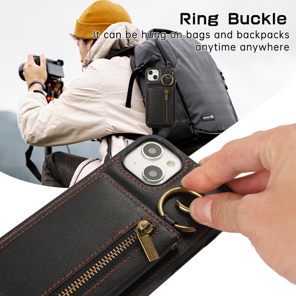 For iPhone 14/13 Leather Back Cover Zipper Wallet Kickstand Phone Case with Shoulder Strap