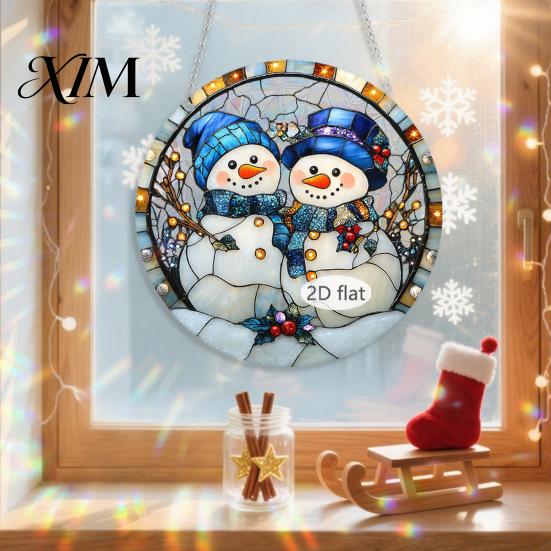 Durable Acrylic Holiday Signage Christmas 2D Hanging Ornaments, Stained Glass Style Snowman Santa Snowflake Colorful Window Decorations Hanger