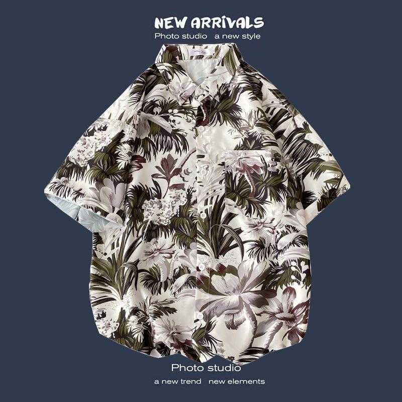 Retro Floral Shirt Blouse for Man Hawaiian Short-sleeved Floral Shirt Men's Loose Trend Couple All-match Five-point Sleeves