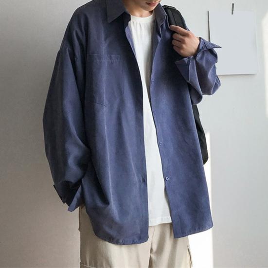 Мужская рубашка с лацканами, длинный рукав, однобортная рубашка, однотонный цвет, накладной карман, повседневная рубашка, свободный крой, удобная куртка