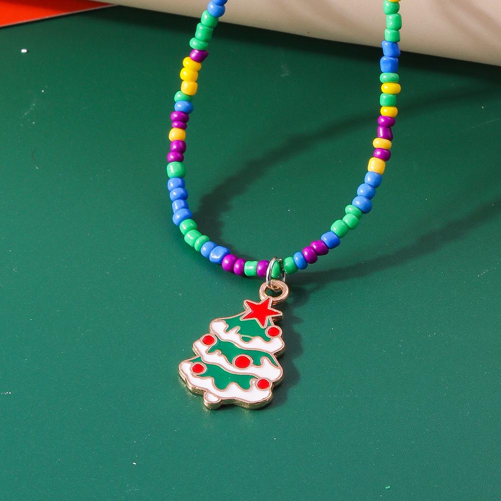 Green Christmas Tree Seed Bead Necklace Set - Holiday Choker Jewelry