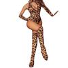 Leopard Print Cosplay Sexy Lingerie High Leg Leotard Extreme Bodysuit Costume Leopard L Body Tights High Neck Set Open Chest [MORApink] (Brown, L)