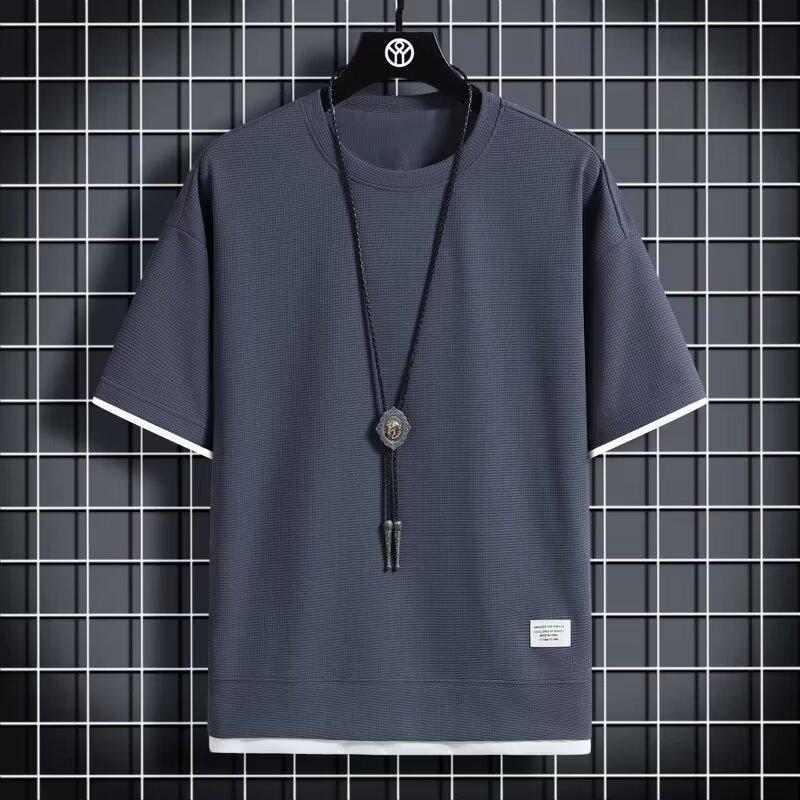 Men's Summer Casual Two-Piece-Look T-Shirt, High-End Large-Size Sports Short-Sleeve Five-Point Sleeve Top