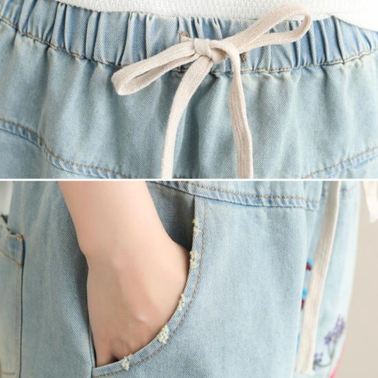 Женская юбка миди с эластичным шнурком на талии, вышитым цветочным узором, джинсовая юбка с карманами, боковые разрезы по низу юбки