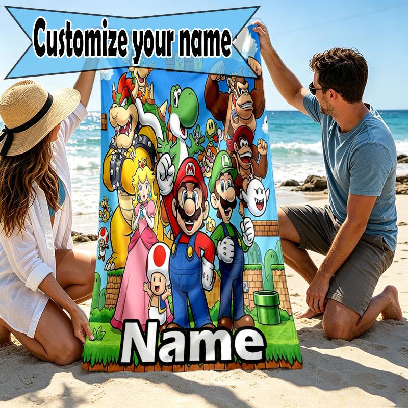 Custom Name Personalized Super Mario Print Beach Towel, for Trip Camping Beach Party Home Decor, Birthday Gift for Family & Friends
