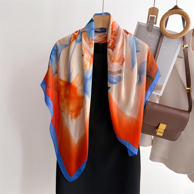 Soft Color Leaf Shadow Simulation Silk Printing Large Square Scarf Silk Scarf 90 Shawl Head Scarf Neck Protection Scarf Decorative Scarf
