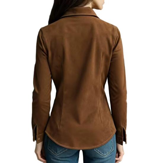 Женская рубашка с лацканами, длинным рукавом, застежкой на пуговицы, приталенного кроя, с замшевой текстурой, в стиле ретро, однотонная, повседневная, топы