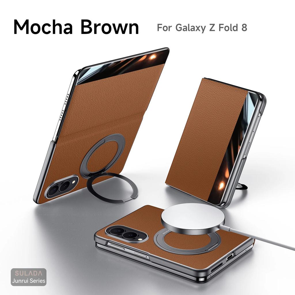 Original Luxury Genuine Leather Magnetic Case For Samsung Galaxy Z Fol8 Fold 8 Metal Ring Holder Bracket Window View Flip Cover