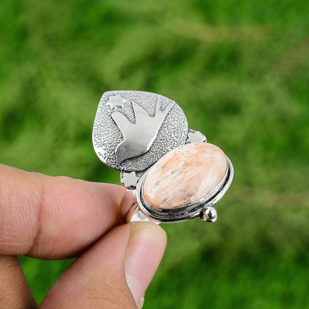 Natural Scolecite Gemstone Stackable Peach Adjustable Ring 925 Sterling Silver