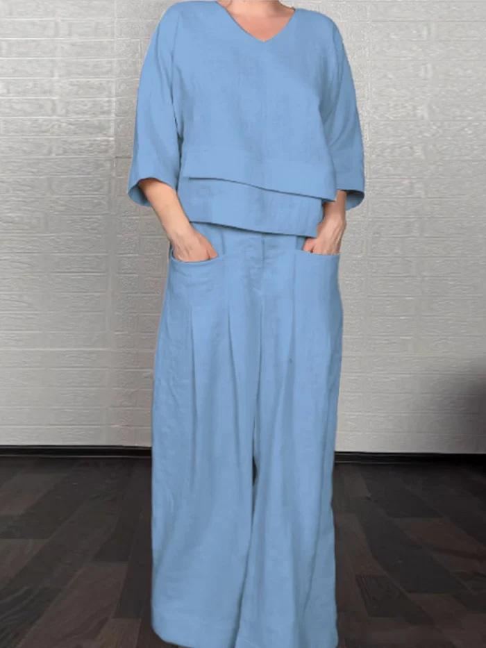 Комплект в европейско-американском стиле 2025 года: однотонный топ с круглым вырезом и брюки прямого кроя со средней посадкой