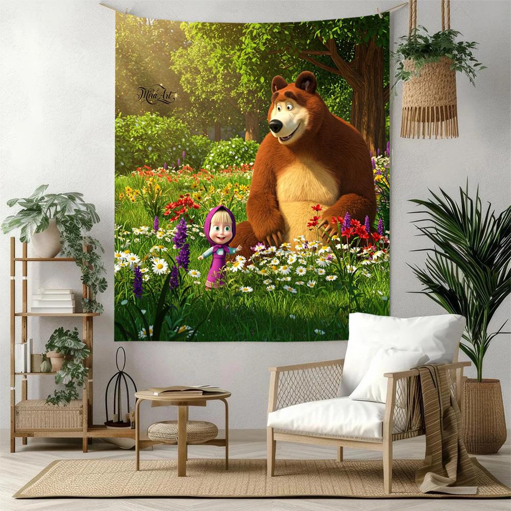 Masha Bear Wall Decor Tapestry Art For Pet Memorial Birthdaywedding Party Backdrop Family Gift