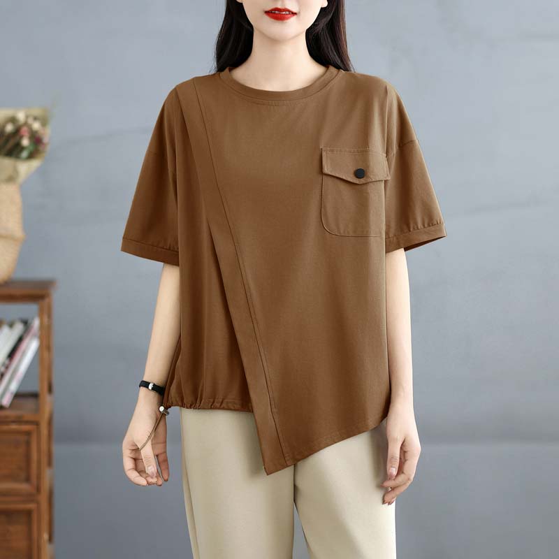 DIMANAF 2025 Новая Летняя Женская Футболка Большого Размера с Круглым Вырезом, Коротким Рукавом, Свободного Кроя, Базовые Повседневные Топы, Асимметричная Футболка
