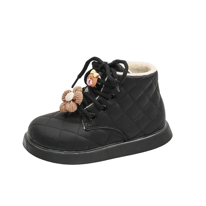 Шикарные детские ботинки для девочек, зимние теплые плюшевые сапоги принцессы из хлопка, милые универсальные детские модные повседневные ботильоны с круглым носком