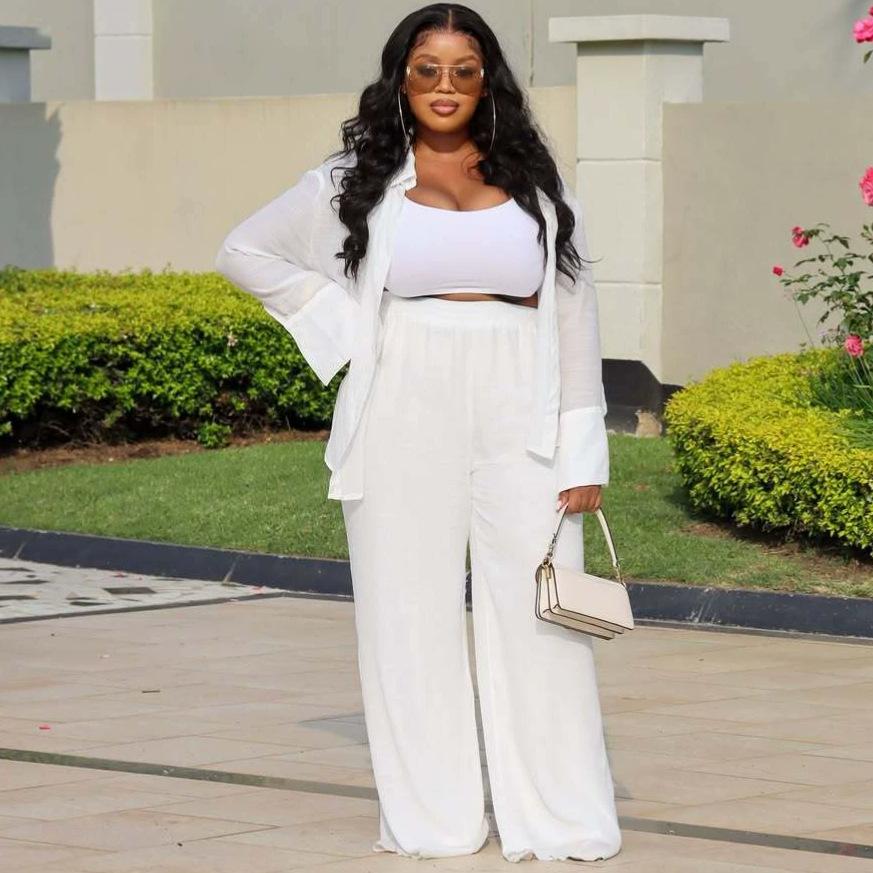 African large size new women's clothing set solid color cardigan lapel loose shirt European and American casual straight pants two-piece set