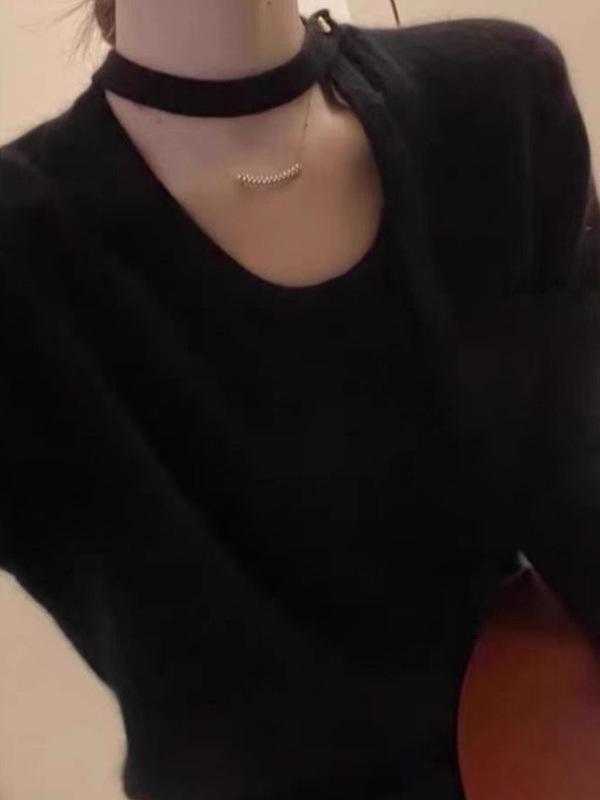Women's Korean Style Ribbon Halterneck Wool Sweater – Elegant Round Neck Base Layer