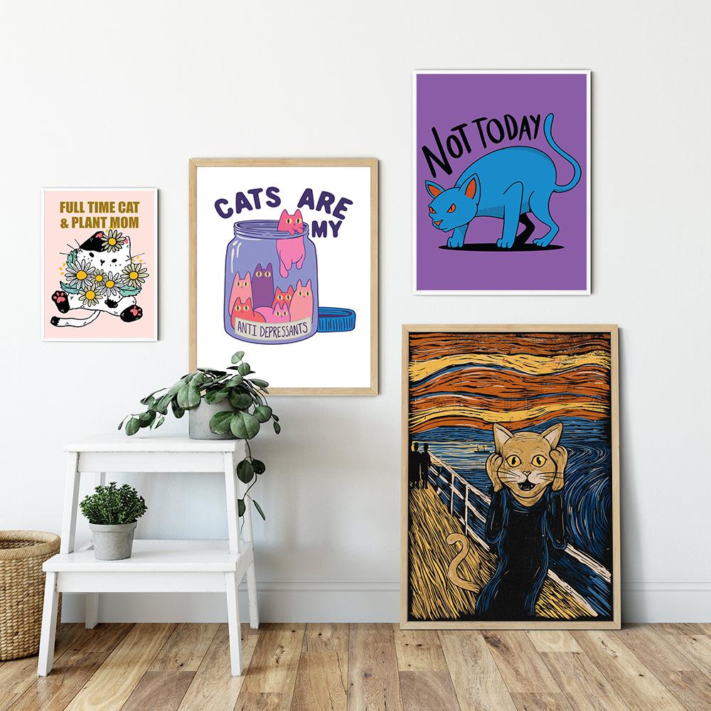 Мрачная татуировка кота на красном солнце, холст, картина, забавный милый кот, самурай, плакат с принтом, детская кровать, домашняя комната, настенное художественное украшение, фотографии