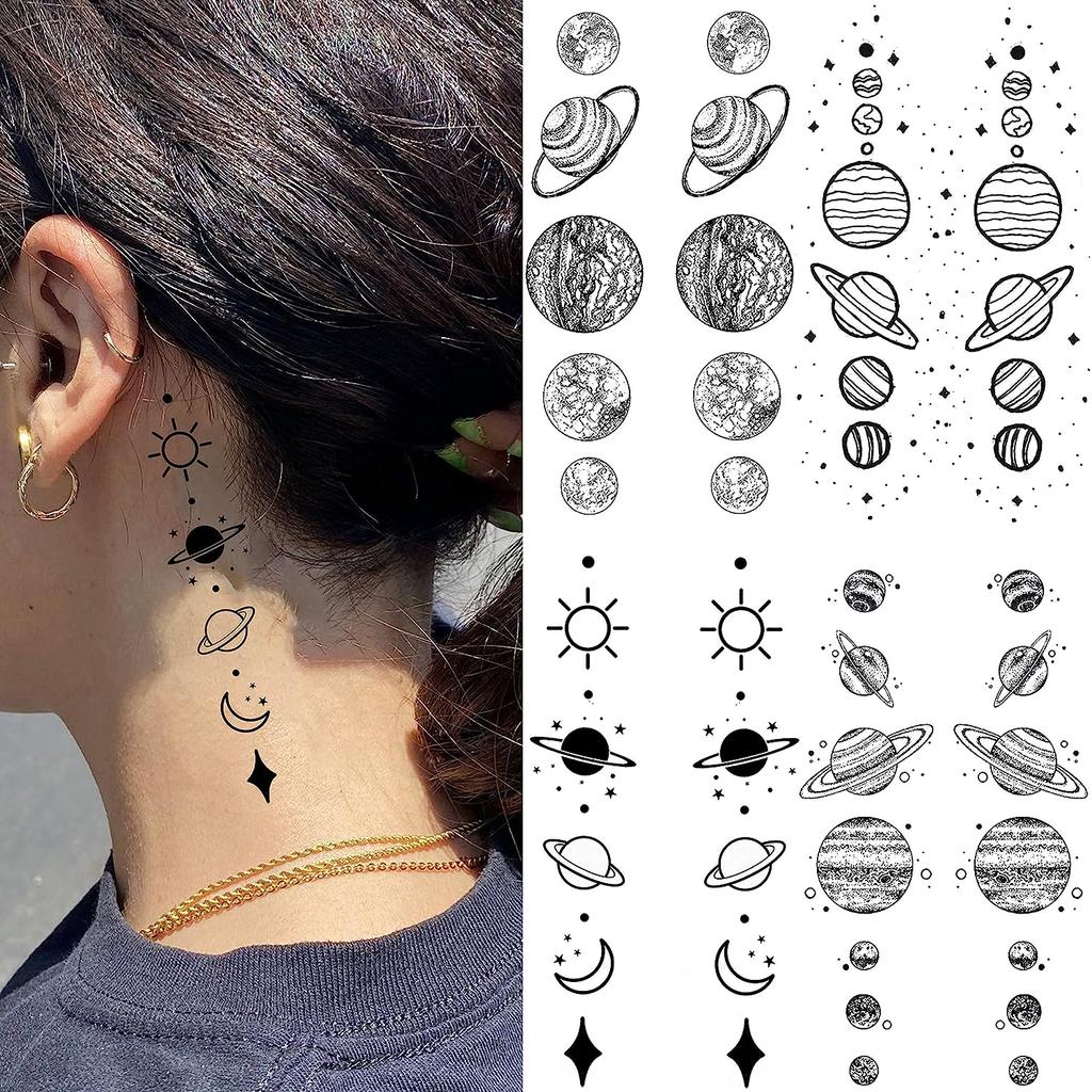 15 листов поддельных космических планет, цепочка, временные татуировки для женщин и мужчин, рука, Черная Луна, Солнце, Звезда, татуировка, маленькая Вселенная, татуировки, наклейка
