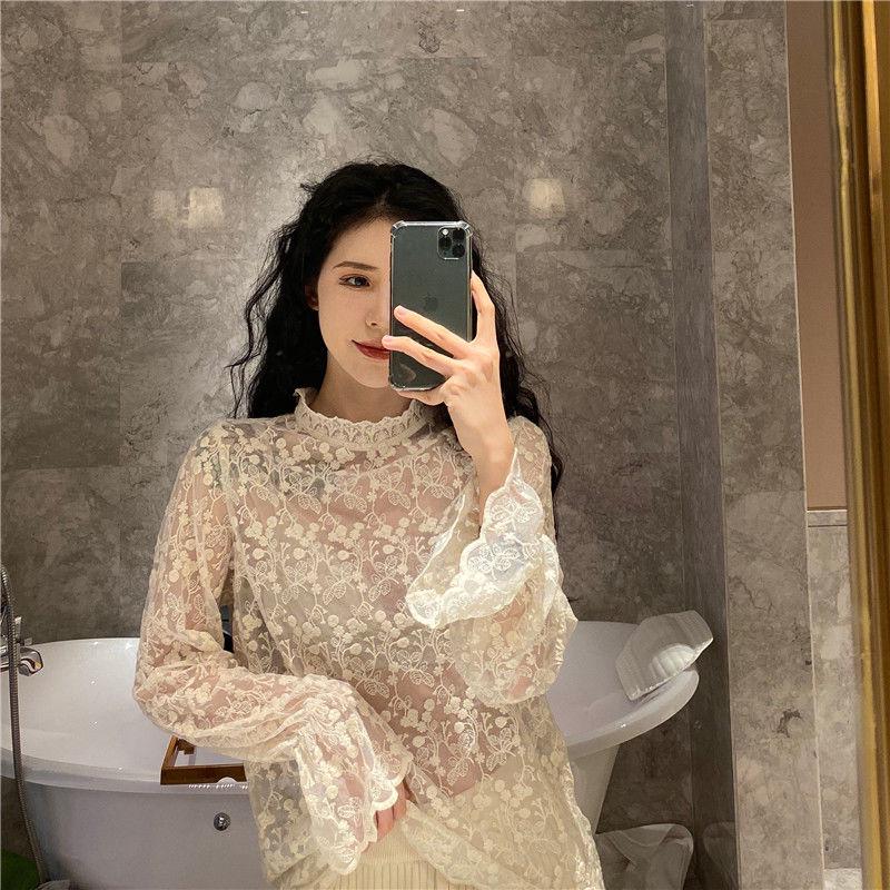 Прозрачная кружевная блузка с оборками и рюшами, рубашка с расклешенными рукавами и вышивкой, женский топ, сорочка Renda Blusa