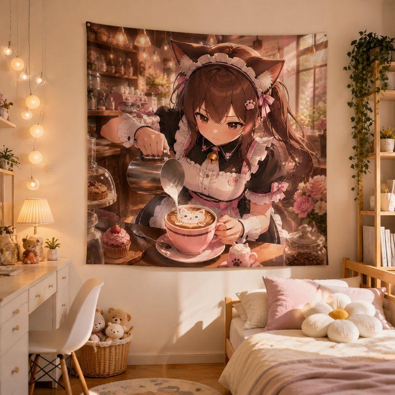 Galaxy Cat Maid Anime Tapestry, Kawaii Aesthetic Wall Hanging, Sweet Cartoon Wall Decor Blanket for Girls Bedroom Dorm