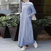 Women Muslim Kaftan O Neck Party Belt Solid Puff Sleeve Retro Long Maxi Shirt Dress