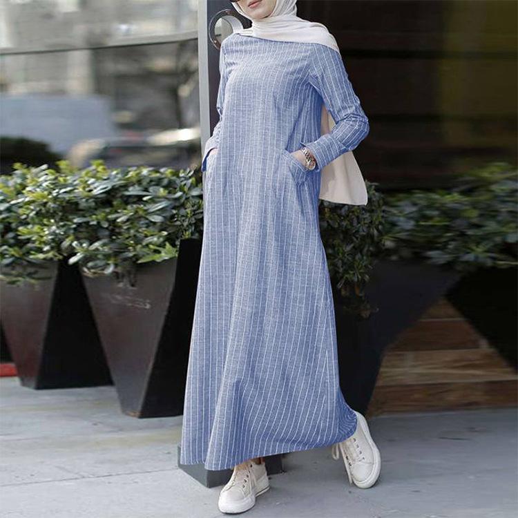 Women Muslim Kaftan O Neck Party Belt Solid Puff Sleeve Retro Long Maxi Shirt Dress