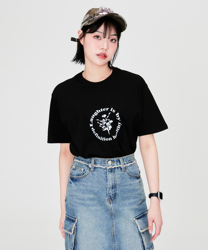 QUTON Signature Flower Oversized Heavy Short Sleeve T-Shirt_Black