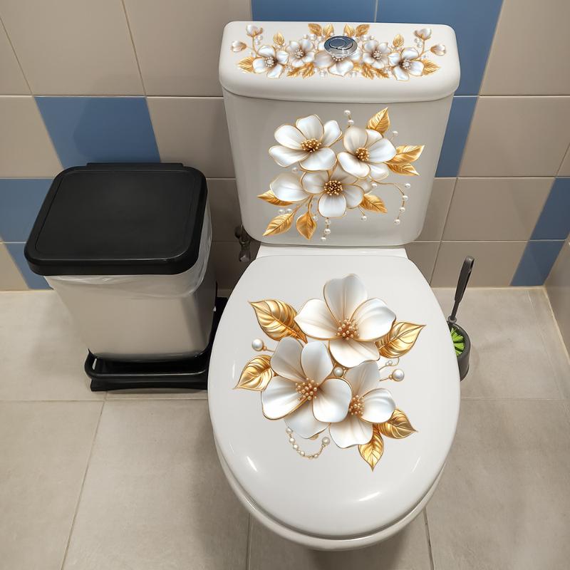 Renter Friendly Gold Pearl Floral Toilet Sticker Waterproof Self-Adhesive Luxury Decal for Bathroom Wall Decor