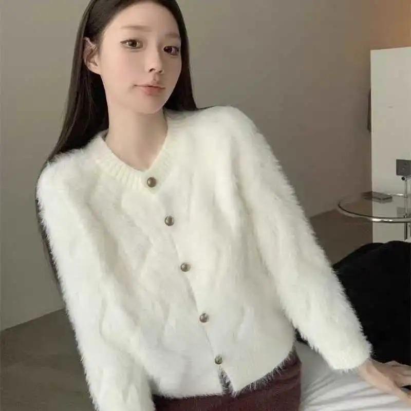 Осенне-зимнее пальто-свитер из мягкой ворсистой норки, женский свободный и милый вязаный кардиган-топ