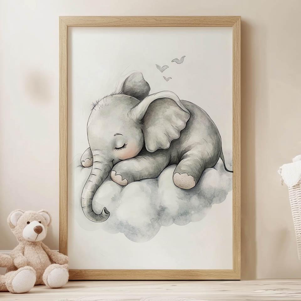 Plakat Senny Słonik Na Chmurze Plakat Senny Słonik Na Chmurze, 40X50 Cm, Rama Aluminiowa Czarna, Papier Matowy 230 Gsm