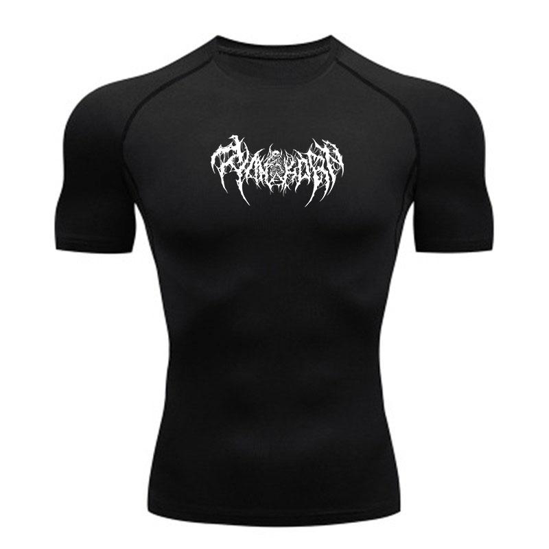 Men's Quick Dry Compression Athletic T-Shirt, Black Death Metal Spiky Print Breathable Stretchy Top for Gym Workout Running Training Sports Wear