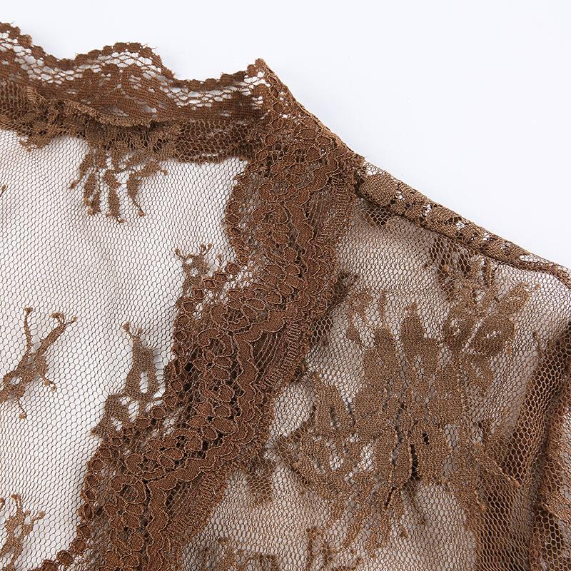 Женская сетчатая кружевная блузка, летняя тонкая перспективная топ с длинным рукавом и v-образным воротником, кружевные кардиганы, рубашка, укороченные топы
