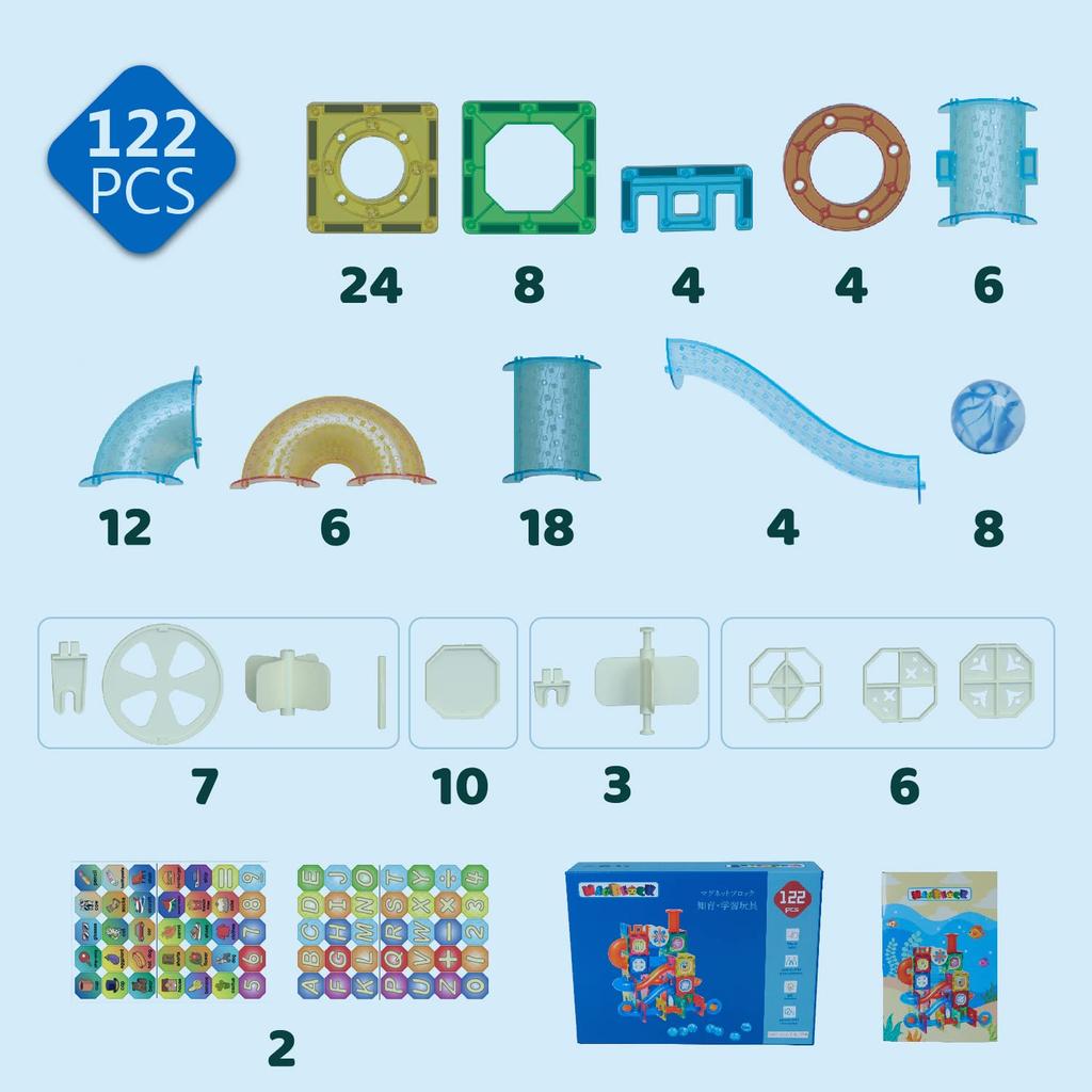 MAGBLOCK 122 Pieces Magnetic Block Pipe Marbles Glass Beads Educational Toys for Children Boys Girls Birthday Present Christmas
