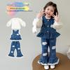 Autumn 2025 Girls' Fashion Denim Three-Piece Set: Vest, Base Shirt, for Small & Medium Kids