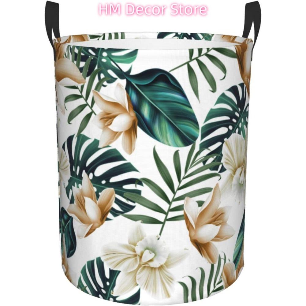 Laundry Basket,Vintage Tropical Flowers and Leaves Bathroom Organizer Basket Waterproof Foldable Cloth Hamper with Lining for Ho