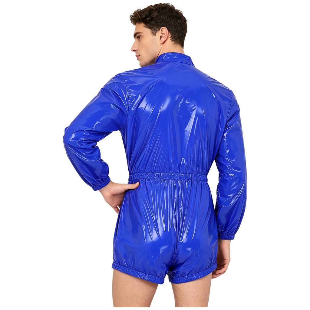 Men Water Resistant Diaper Coveralls Press Button Crotch Bodysuit Stand Collar Long Sleeve Front Zipper Elastic Waist Jumpsuit for Incontinence Care