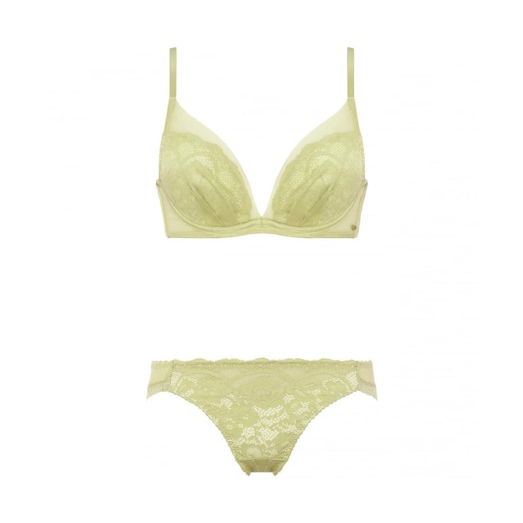 AMOSTYLE Deep V Bra Panty Set Classic M009 Size F65M & 2, Lace, (Green Tea),