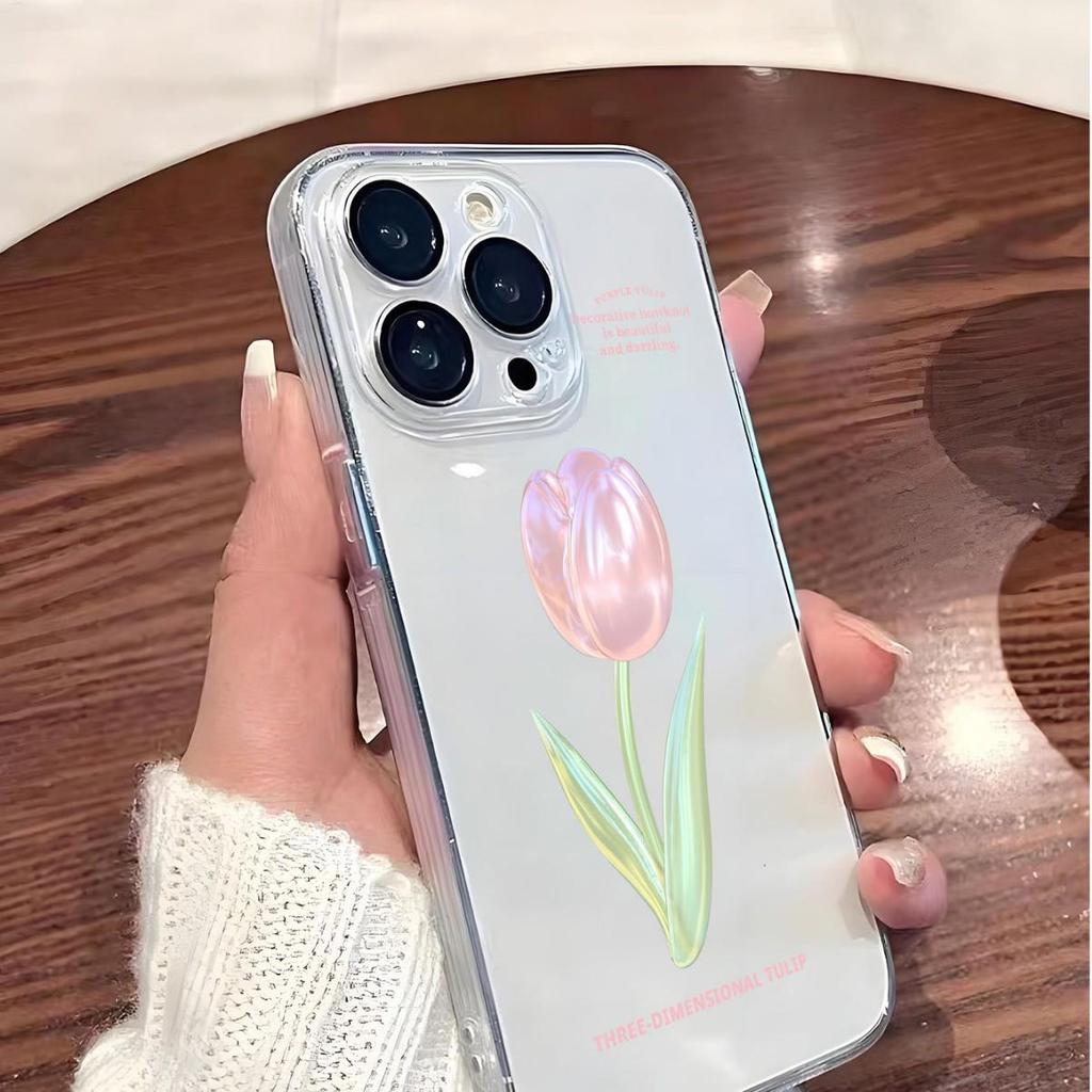 Красочный прозрачный противоударный чехол с тюльпанами для iPhone 14/15/16/17 Pro Max