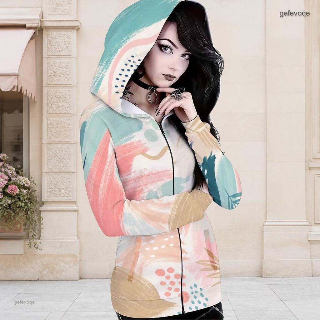 Women Plus Size Long Sleeve Front Zip Hoodie Abstract Printed Blue Green Pink Casual Top