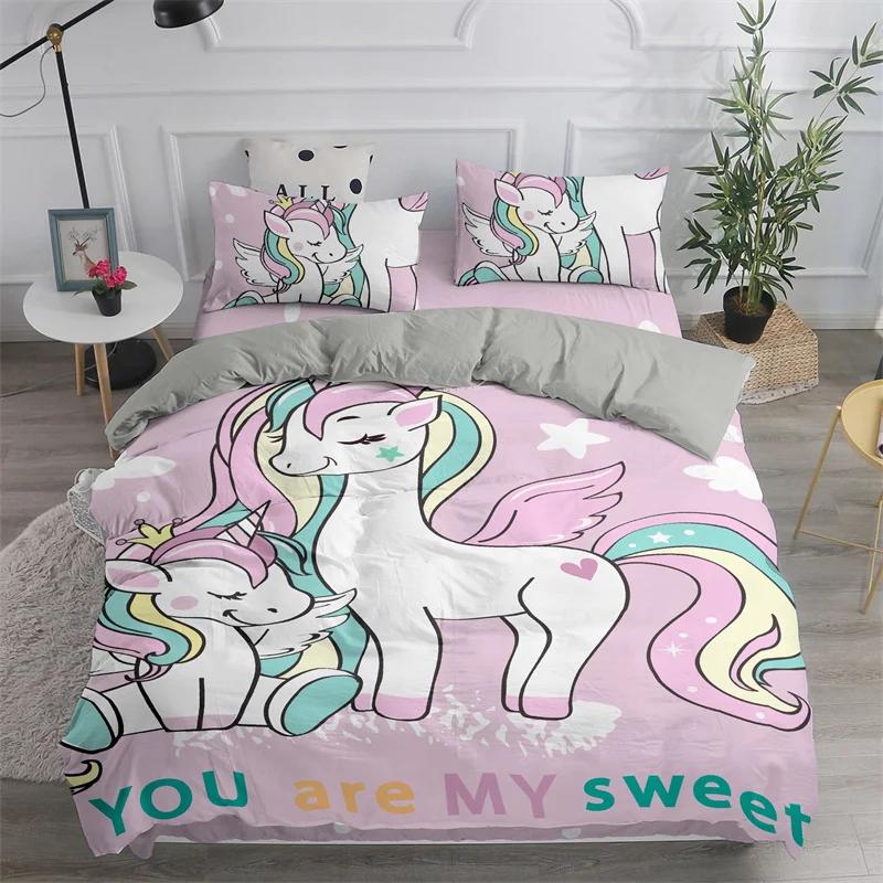 Children Cute Unicorn Duvet Cover Cartoon Bedding Set Rainbow Stripes Animals Children Kids Girls Gifts for Bedroom Decorations
