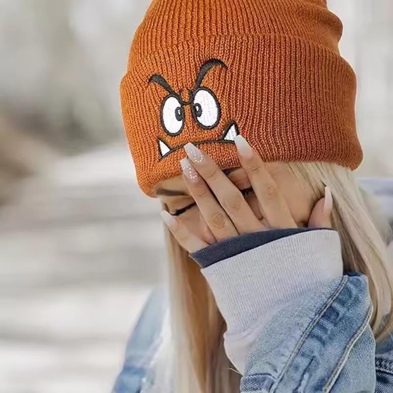 Вязаная шапка с вышивкой 'Злое выражение лица', Теплая шерстяная шапка для мужских и женских мероприятий на свежем воздухе осенью и зимой