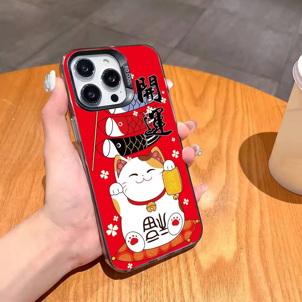 Счастливый Кот Денег M-Maneki N-Neko Чехол для Телефона Для iPhone17 16 15 14 13 12 Pro Max Серый Черный Матовый Лазерный Металлик Аврора Funda