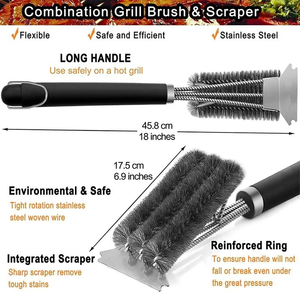 1Pcs Stainless Steel Bristle Cleaner Brush with Deluxe Handle BBQ Tool Grill Brush and Scraper